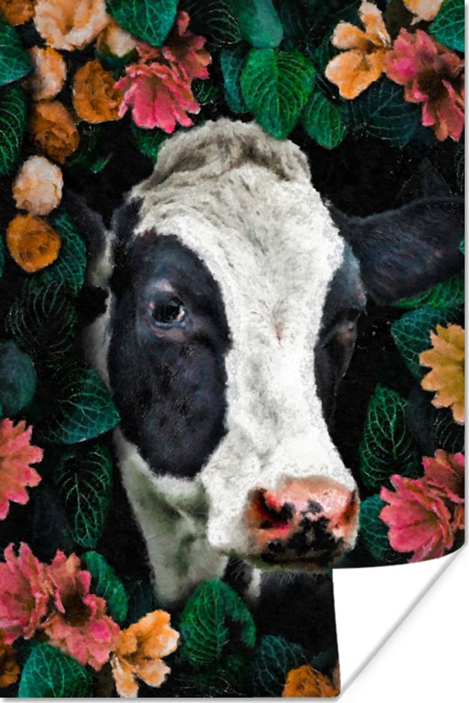 MuchoWow Poster Kuh - Blumen - Blätter - Tiere 80x120 cm - Papierdruck