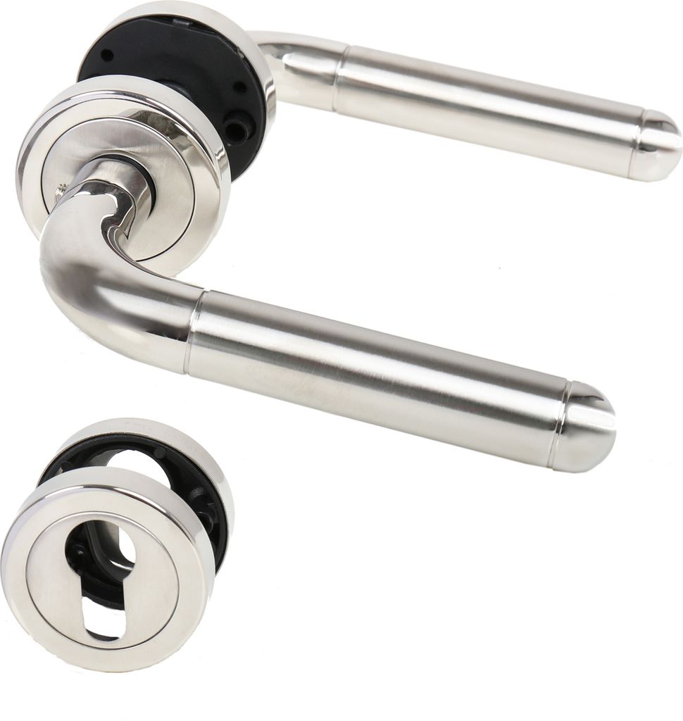 A pair of stainless steel door handles and a keyhole escutcheon are displayed against a white background.