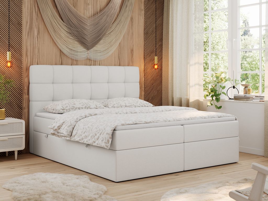 MKS MEBLE Boxspringbett 200x200 mit Matratze, Bett mit Multipocket - Matratze H3 und Topper, Polsterbett 200x200 mit Bettkasten und Kopfteil, ERNI ...