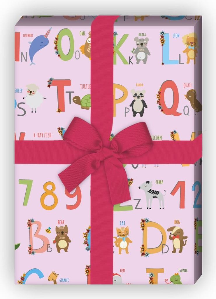 Niedliches Kinder Geschenkpapier mit englischem Alphabet auf rosa - G7666, 32 x 48cm