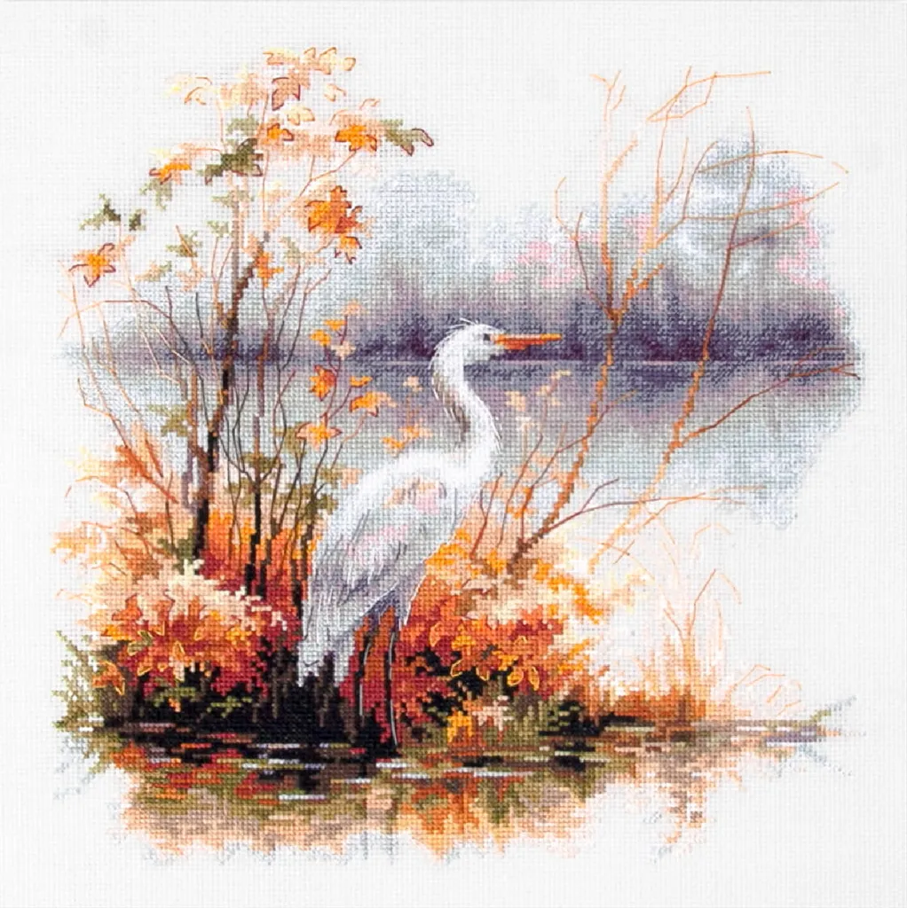 Broderie Héron blanc 26x26cm Magic Needle - Kit point de croix compté