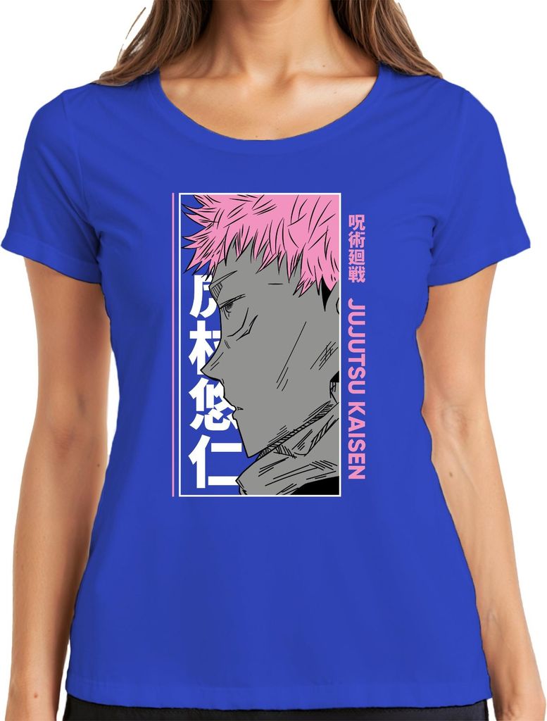 Jujutsu Kaisen Yuji Itadori Anime Porträt rosa Haare Manga Fan Damen T-Shirt, Blau, 3XL