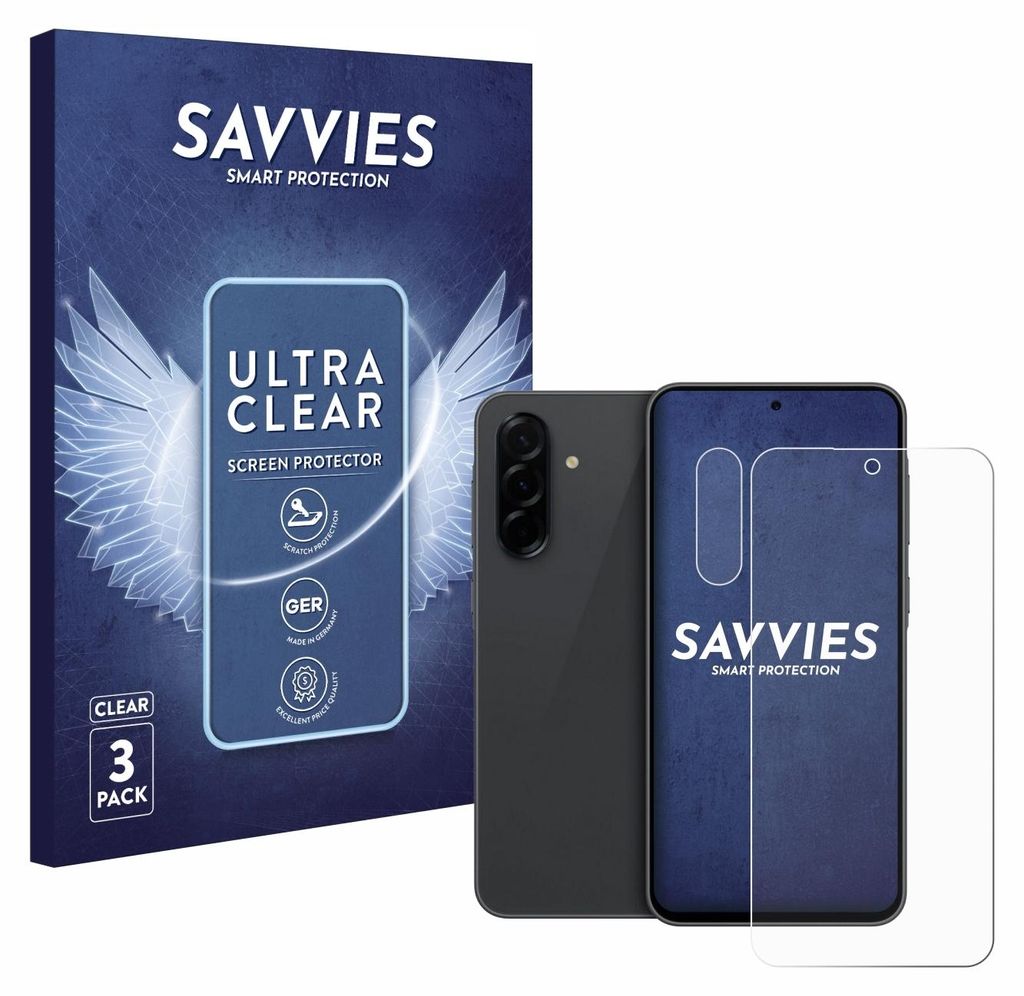 A product shot of a phone screen protector packaging, a smartphone, and a screen protector.