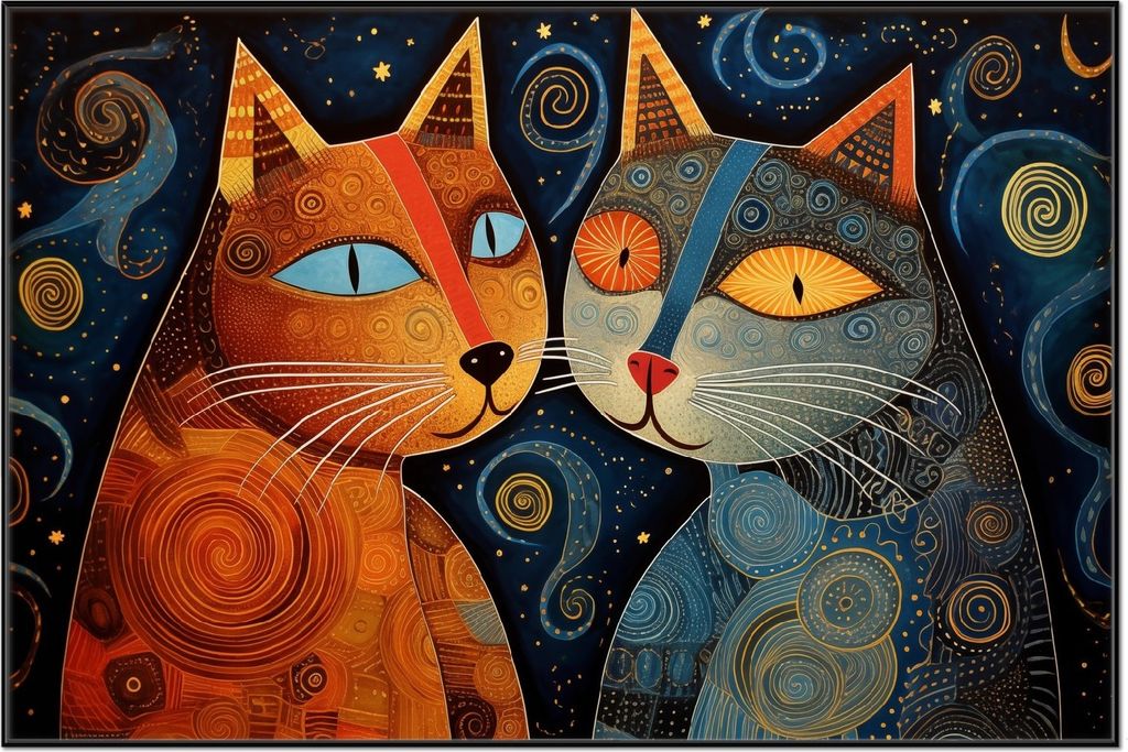 Wallario Wandbild Kosmische Katzenfreunde, Größe: 61 x 91,50 cm, Poster mit schwarzem Aluminiumrahmen