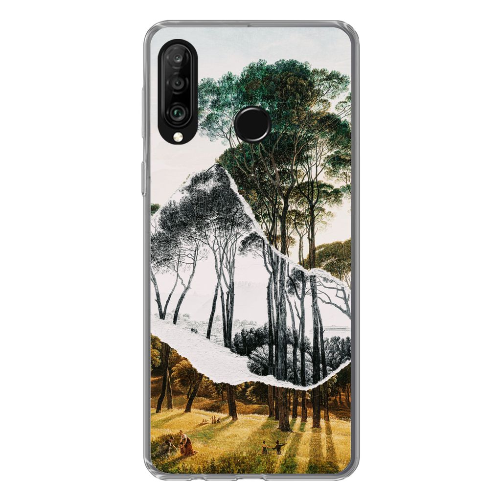 MuchoWow Handyhülle Schutzhülle Hülle für Huawei P30 Lite Italienische Landschaft Schirmkiefern - Kunst - Hendrik Voogd - Malerei - Schwarz-W...