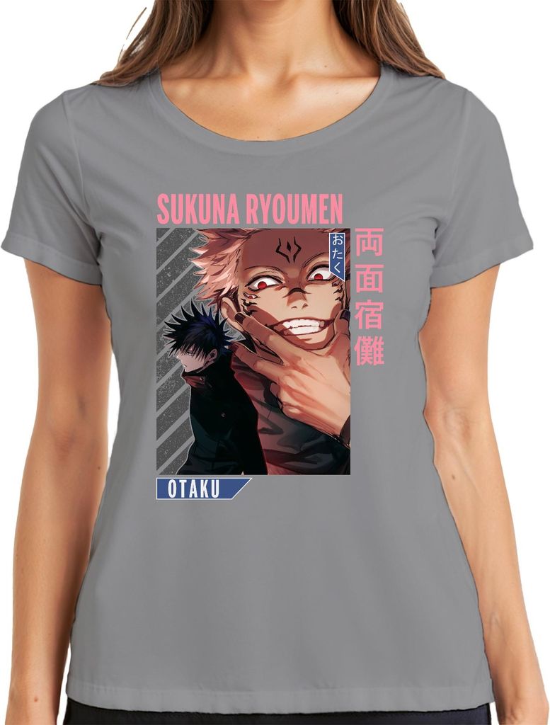 Sukuna Ryoumen Jujutsu Kaisen Dämon Rotaugen Otaku Anime Ästhetik Damen T-Shirt, Grau, XXL