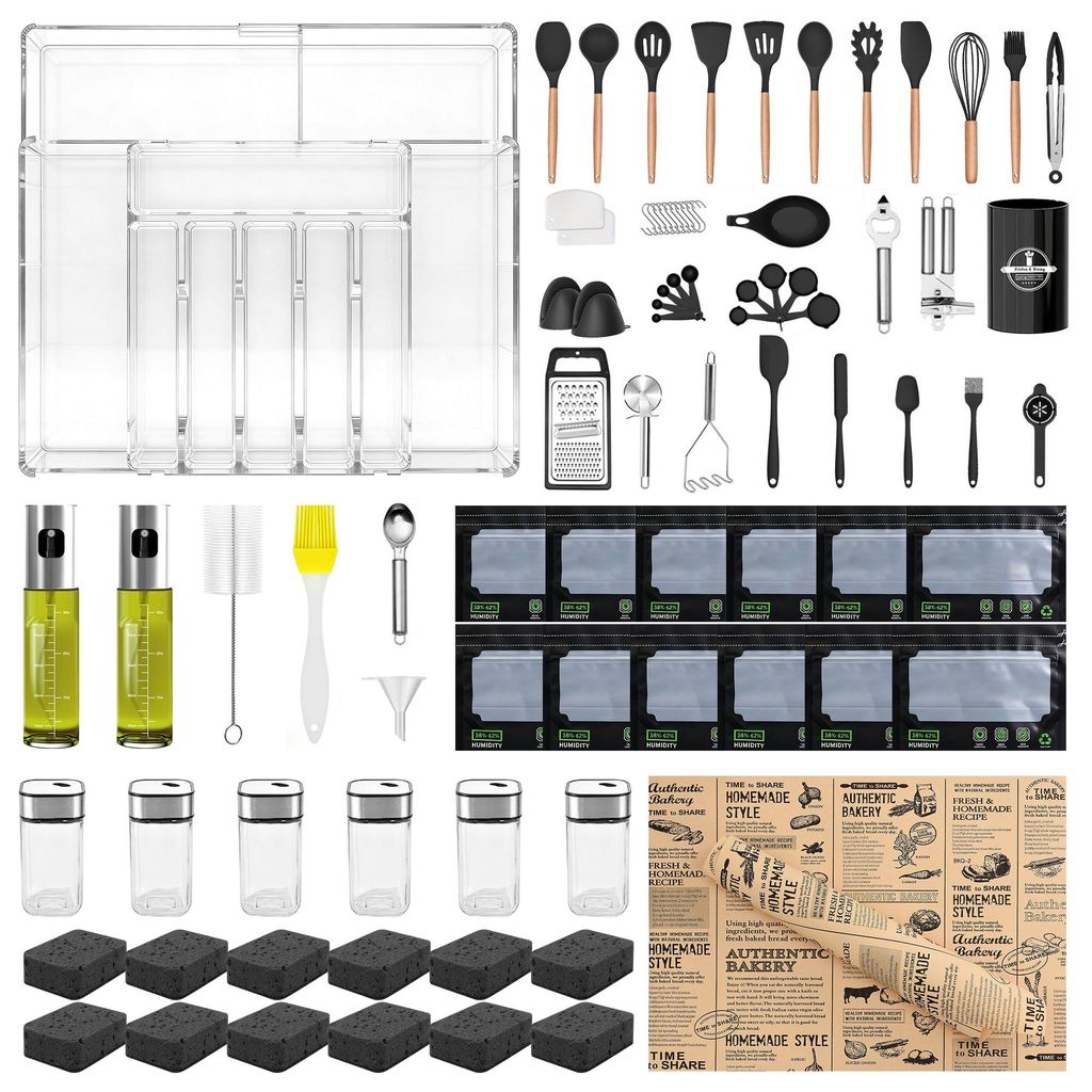 ProximaX Umfassendes Küchenwerkzeug-Set für die Familienküche, mit Kochutensilien, Organizer, Gewürzdosen, Ölsprühern & Reinigungsschwämmen