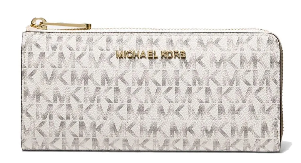 Portefeuille Zippé Michael Kors Vanille en Toile Enduite avec Logo MK