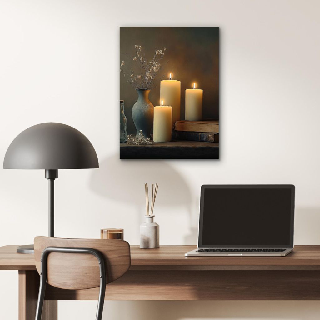 MuchoWow Wanddekoration Metall Metallbild Wandkunst 30x40 cm Kerzen - Stilleben - Rustikal - Bücher MuchoWow Aluminium Gemälde - Bilder