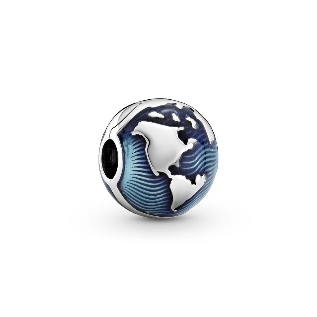 A close-up studio shot of a Pandora clip charm shaped like a globe.
