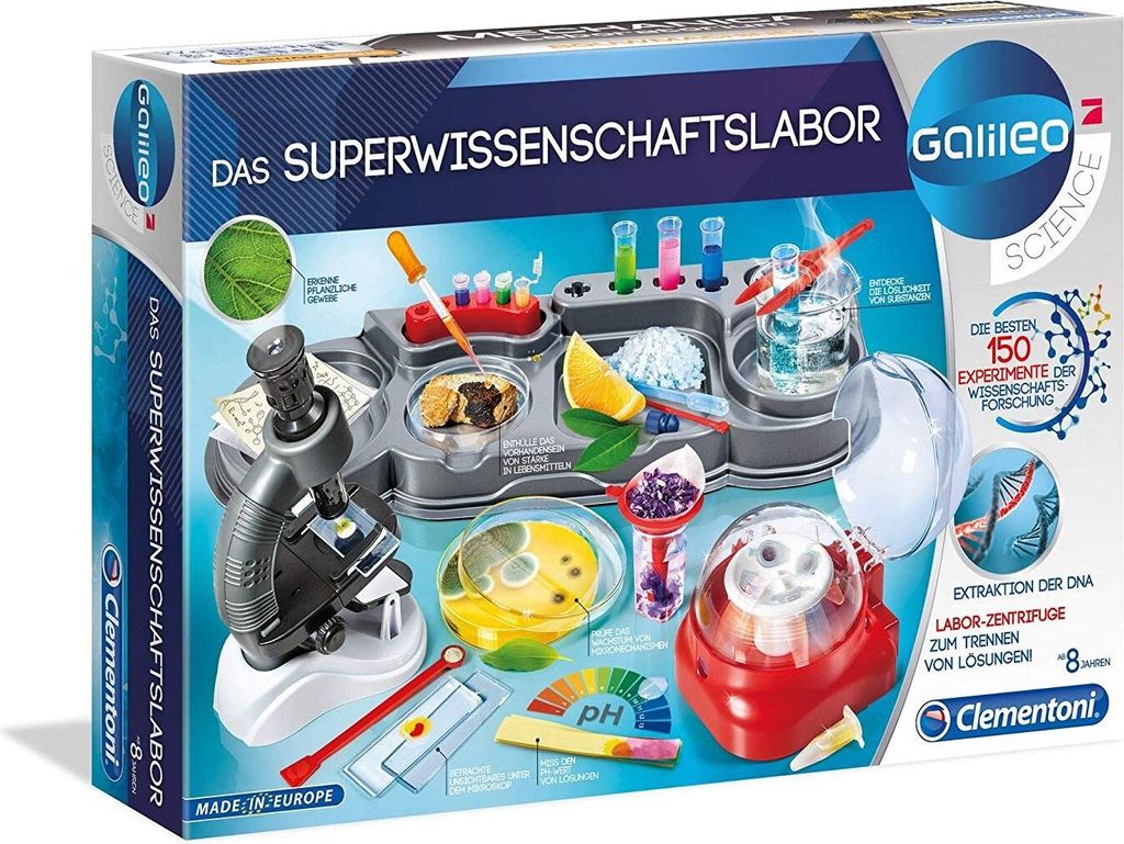 The image shows the packaging of a science experiment kit for children, featuring various laboratory equipment and colorful illustrations.