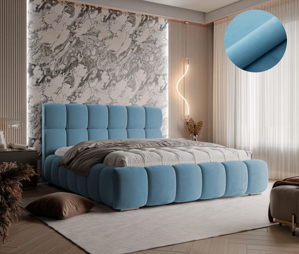 Polsterbett LIZBONA Farbe hellblau ,Magic Velvet 2226, Schlaffläche 180 cm x 200 cm ,Bett mit gepolstertem Kopfteil, Design-Bett mit Bettkasten