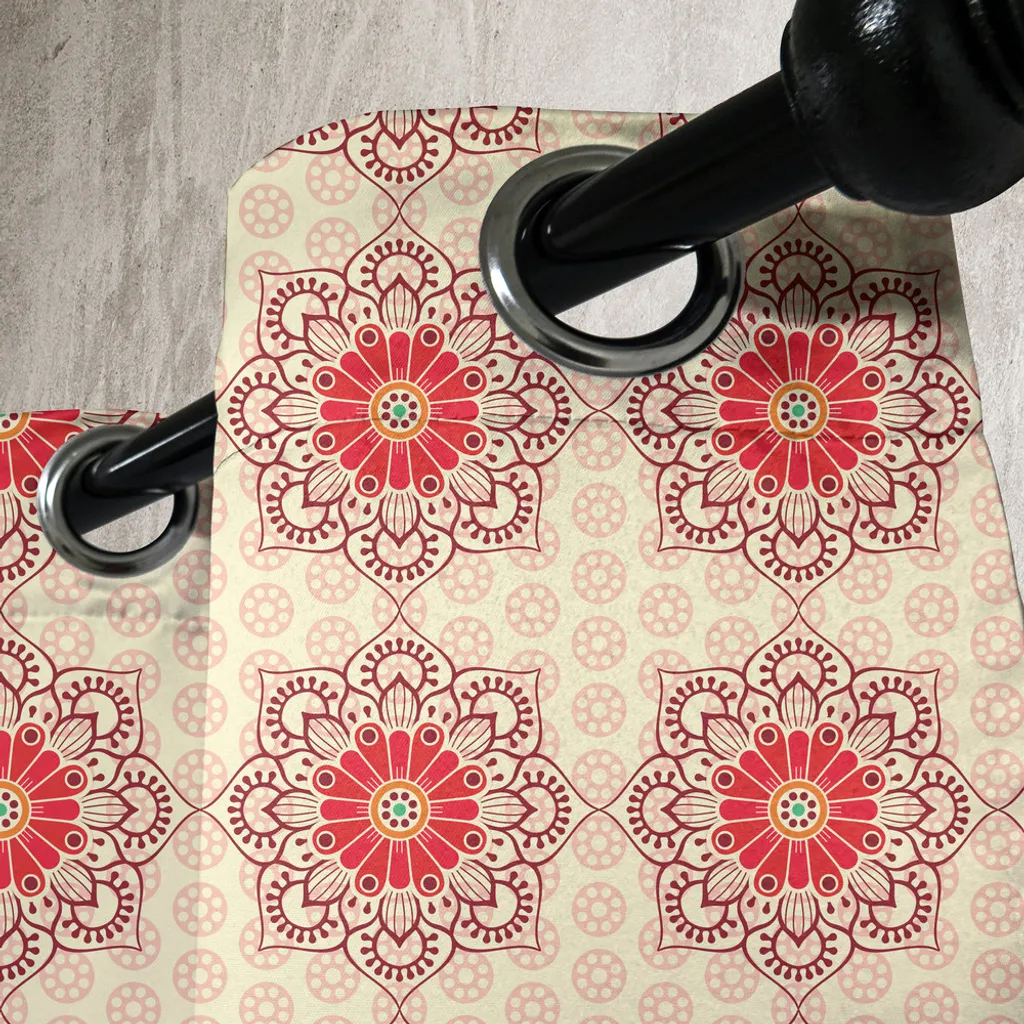 Rideau ethnique à œillets composition florale mandalas rubis et beige - 5