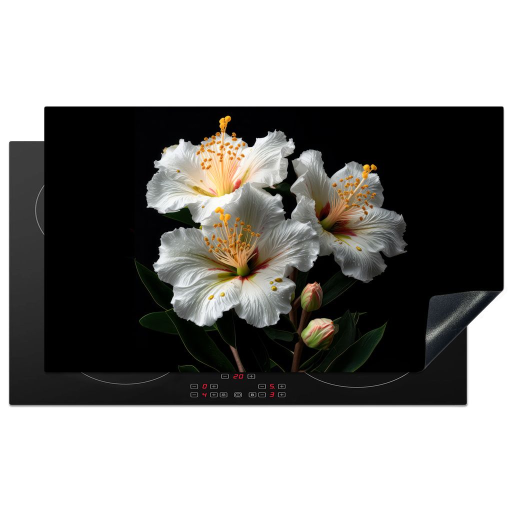 KitchenYeah Herdabdeckplatte Blumen - Weiß - Hibiskus - Natur - Schwarz , 89x51cm, Küche Deko, Glaskeramikkochfeld Herdabdeckung, Abdeckplatte ...