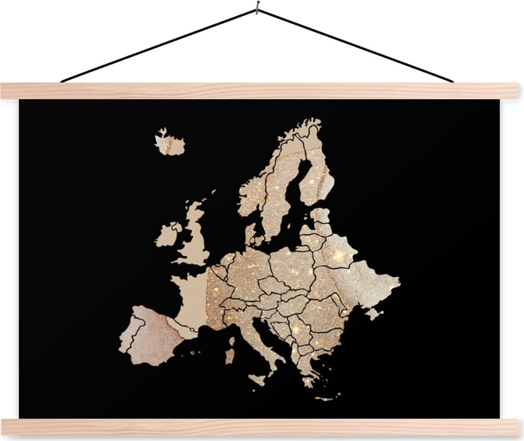 MuchoWow Textilposter Karte - Europa - Glitzer 120x80 cm mit holzfarbenen Rahmen - Aufhängeset