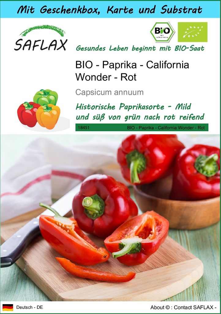 SAFLAX - Geschenk Set - BIO - Paprika - California Wonder - Rot - 20 Samen - Mit Geschenk- / Versandbox, Versandaufkleber, Geschenkkarte und Anzuch...