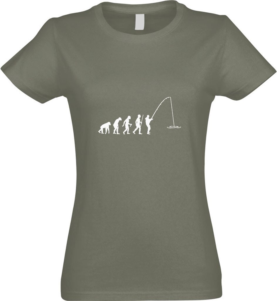 Kiwistar - T-Shirt tailliert - Damen - Olive - Angler Angeln Evolution - mit Motiv Bedruckt - Funshirt Design - Sport - Freizeit - Damen - XL