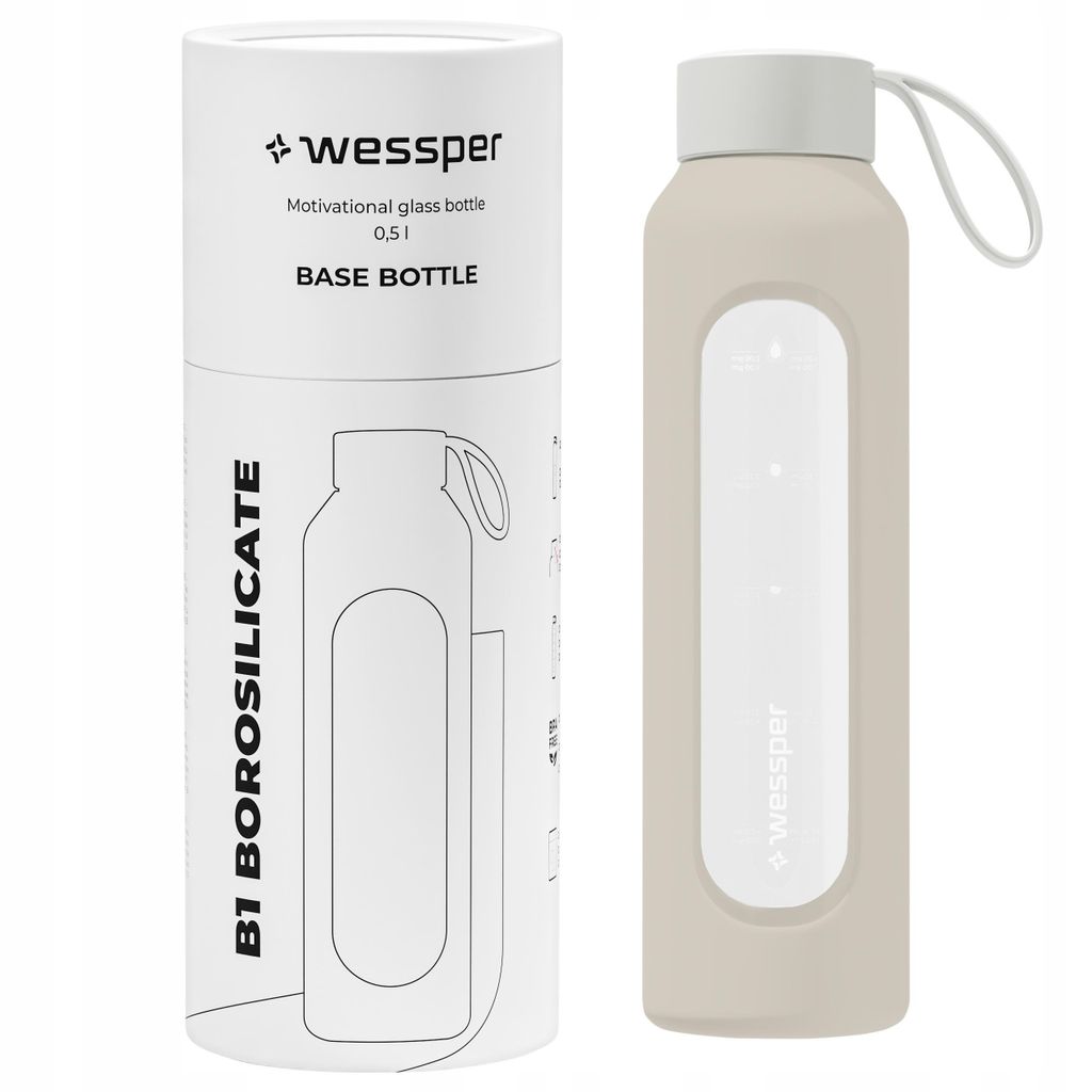 Wessper Trinkflasche aus Glas mit Silikonhülle – 0,5 L – mit Zeitmarkierungen – Ecru