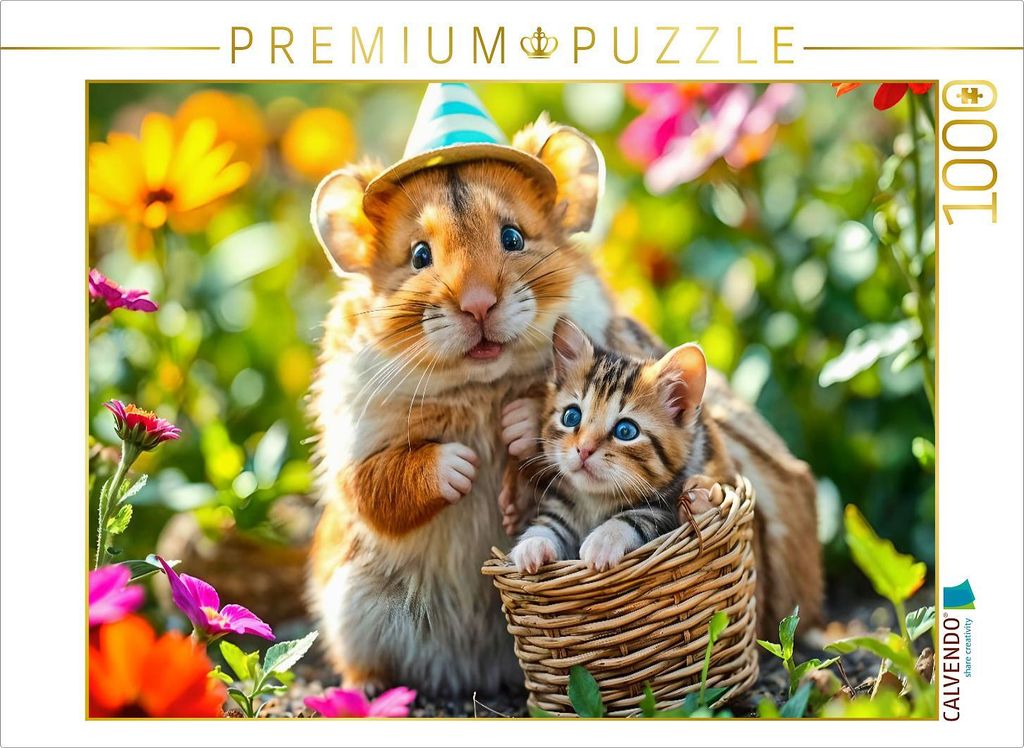 CALVENDO Puzzle Hamster mit seinem Kätzchen im Garten | 1000 Teile Lege-Größe 64x48cm Foto-Puzzle für glückliche Stunden