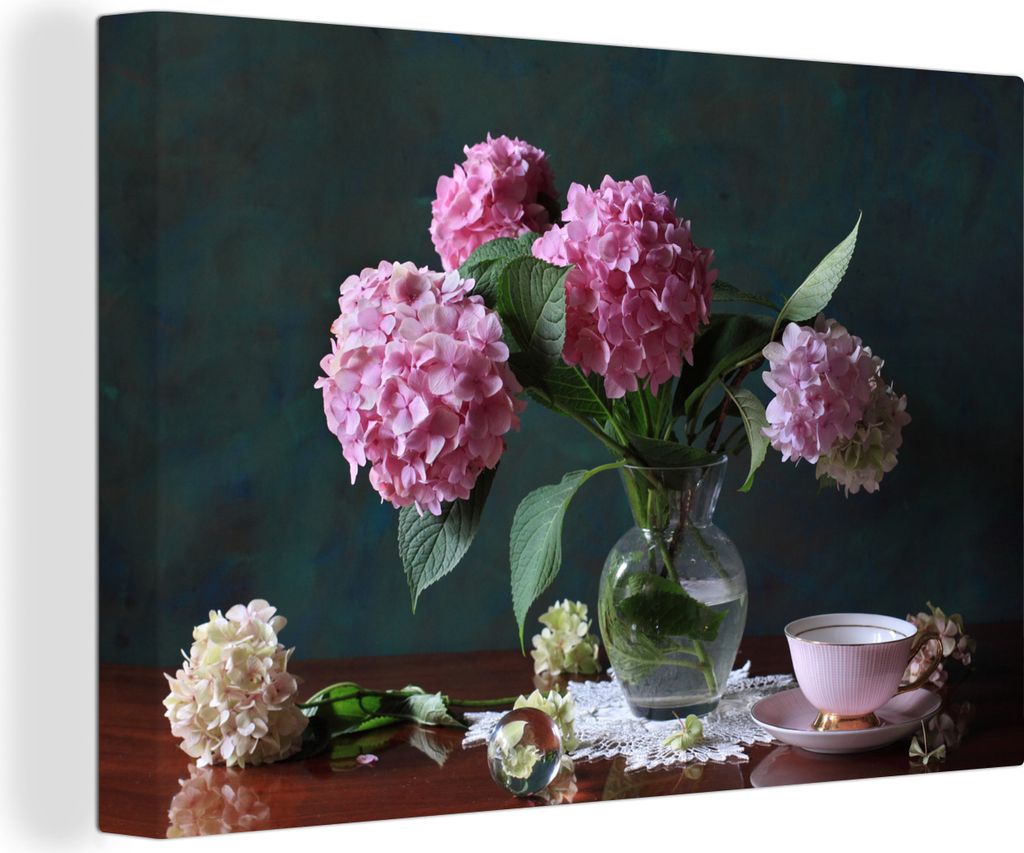 OneMillionCanvasses - Leinwandbilder - 140x90 cm, Stilleben Hortensien und Teetasse auf Tisch, Wandbilder Kunstdruck Wanddekoration
