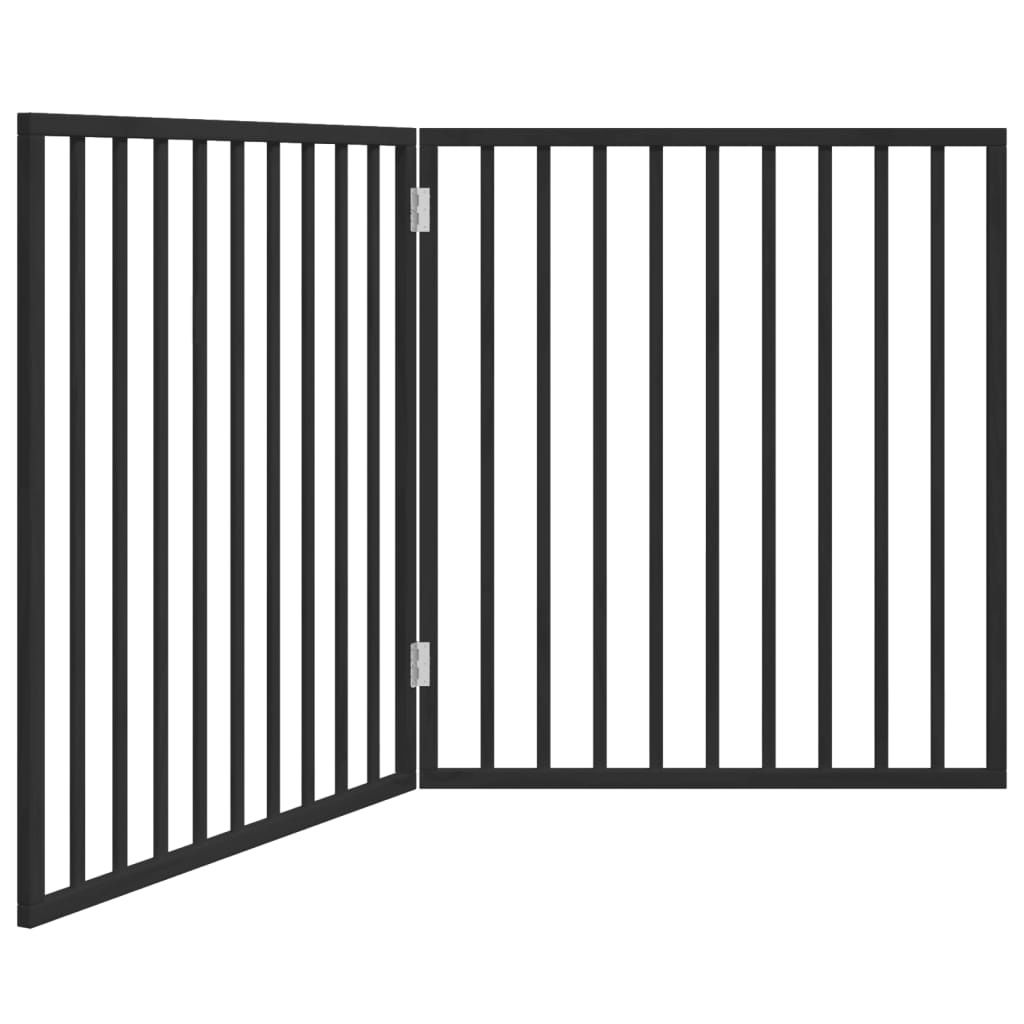 A black, two-panel dog gate is shown against a white background.