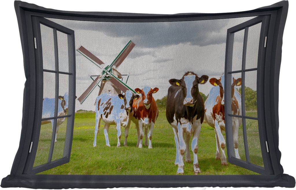 MuchoWow Outdoor Kissen - Aussicht - Kuh - Mühle - Kühe - Wiese - Gras - Grün - 50x30 cm - Wetterfest - Lounge Kissen - Sofa kissen - Wohnzimm...