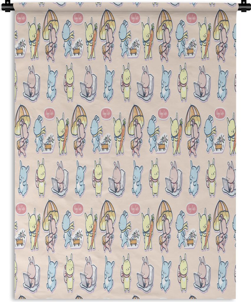 MuchoWow Wandteppich Wandbehang Muster - Kaninchen - Cartoon - Pastell - Kinder 150x200 cm Tapisserie Dekoration Wandtuch - Wandaufhängung - Mod...