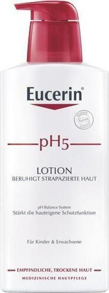A white bottle of Eucerin pH5 Lotion with a red pump dispenser.