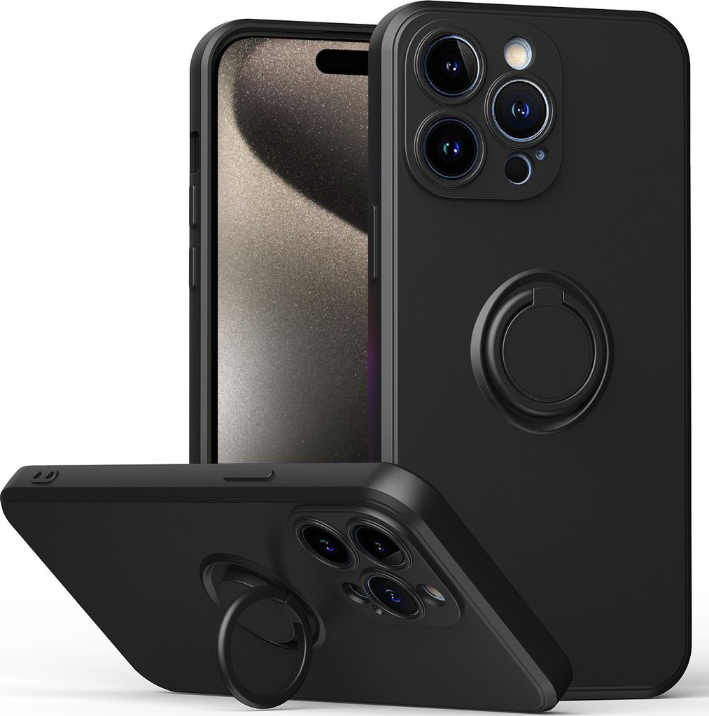 iPhone 15 Pro Handyhülle, Ring Halter Ständer Kratzfeste Weiche Silikon schutzhülle für iPhone 15 Pro Schwarz