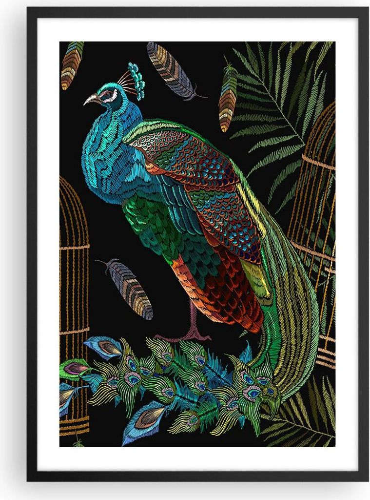 Gerahmtes Poster - Schwarzer Rahmen - Pfauen Gold Käfig - 50x70 cm - Wand Bild - Wanddeko - Wandbilder - Kunstposter - Wandposter - Bilderrahmen -...