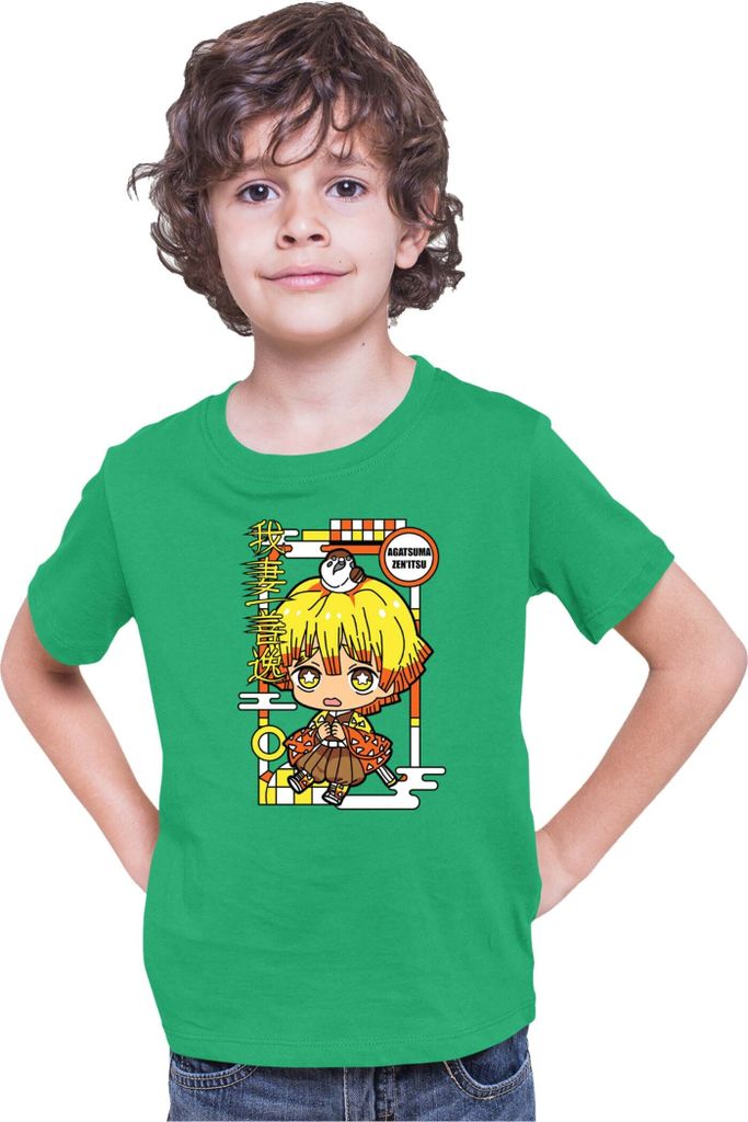 Kinder T-Shirt Demon Anime Slayer Kimetsu No Yaiba Chibi Zenitsu Agatsuma, 5-6 Jahr - 116 / Grün