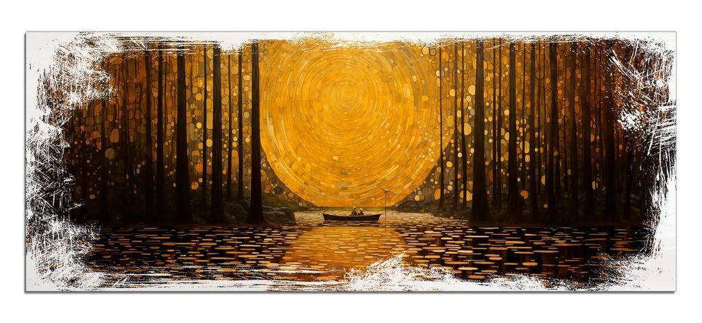 Wallario Kunstdrucke Wandbilder Holz in : Brillante Farben, Größe 50 x 125 cm Motiv Goldene Flussfahrt