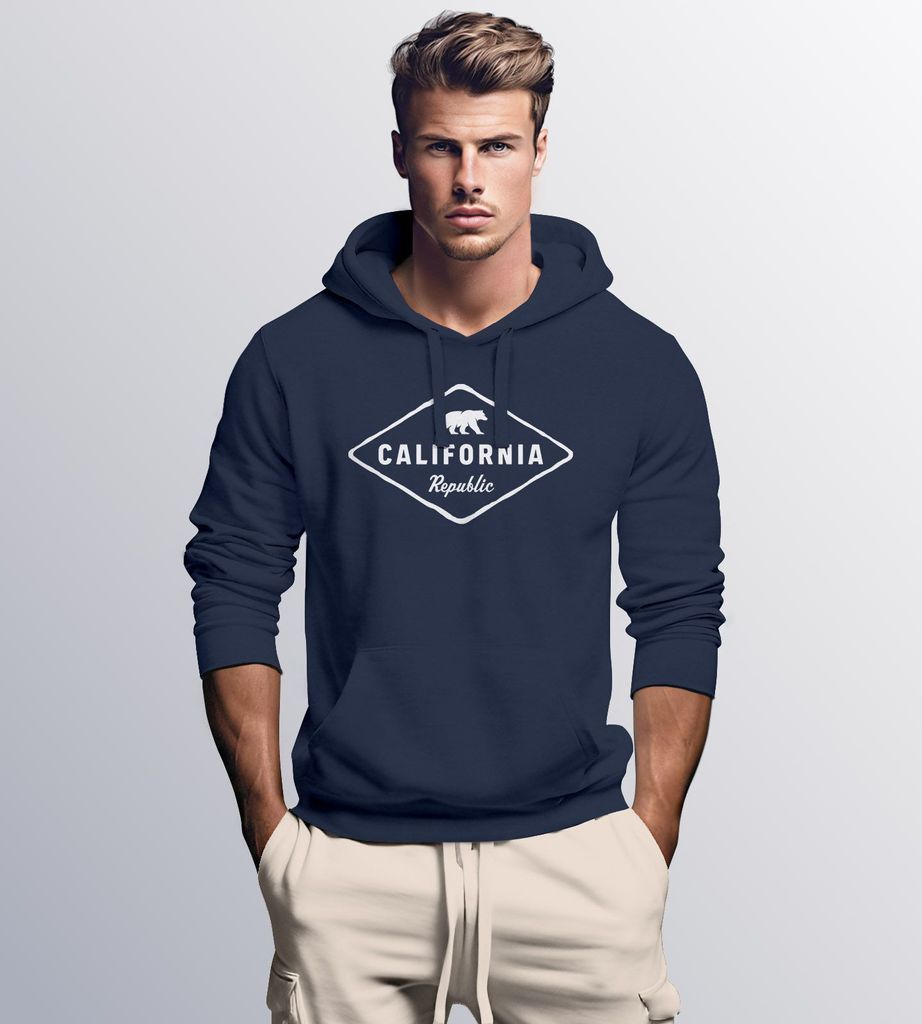 Hoodie Herren California Republic Bear Badge Bär Sunshine State USA Print Aufdruck Fashion Streetstyle Neverless navy S