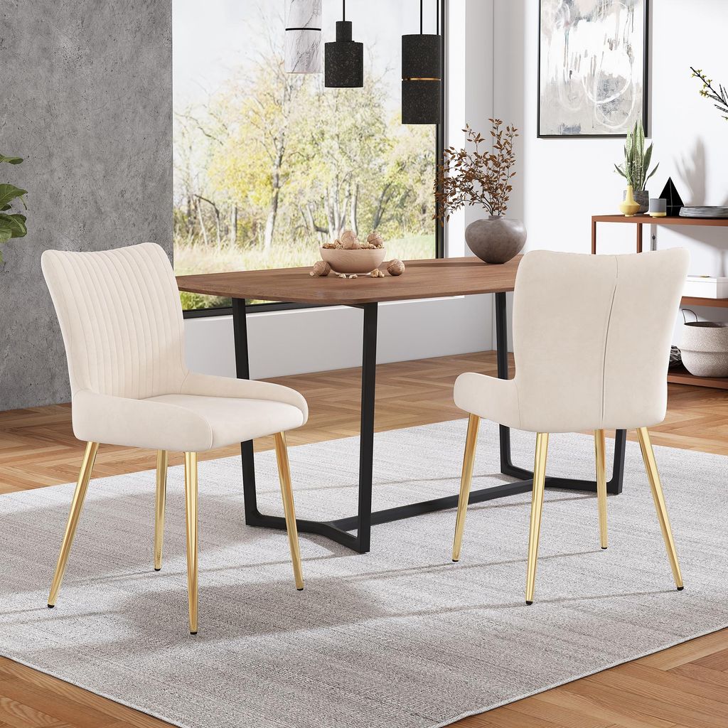 Esszimmerstuhl 2er-Set, beige, goldene Metallbeine, Lendenstütze, für Wohnzimmer oder Schlafzimmer