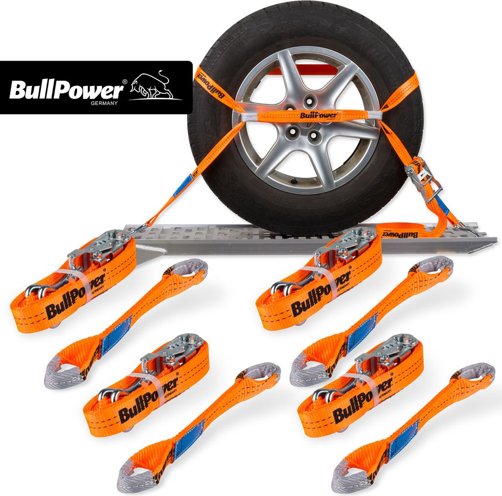 4x BullPower Spanngurte AZG111 - Autotransport PKW Zurrgurte Reifengurte Transportsicherungen 35mm - LC 2000 kg / daN mit Trapezband, Ratsche und H...