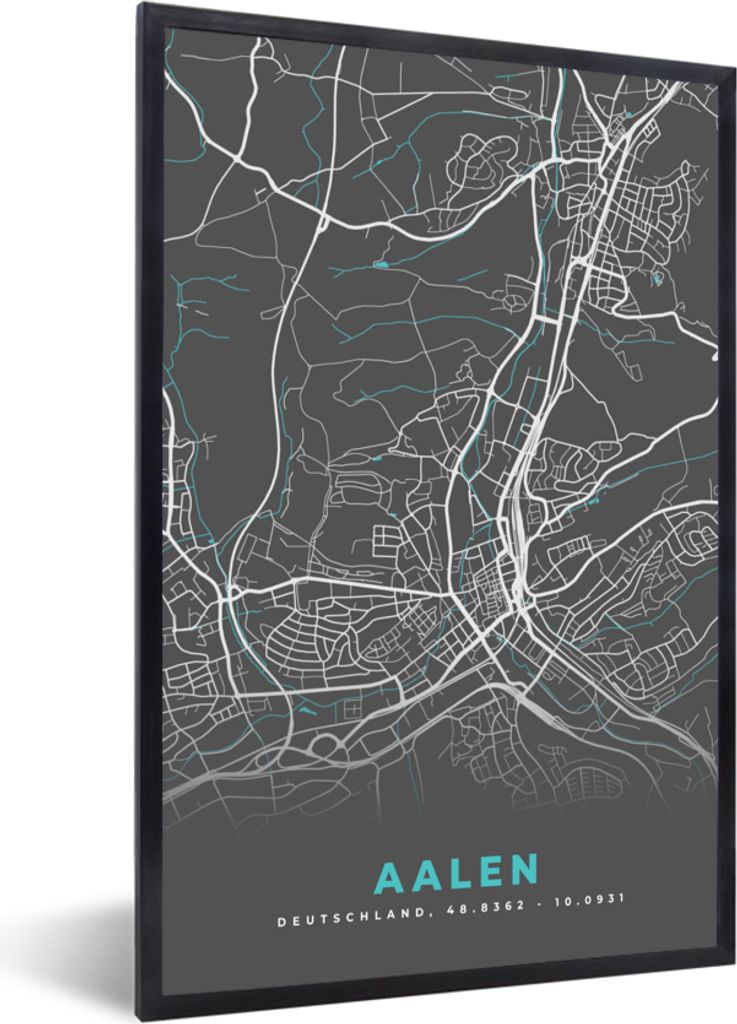 MuchoWow Gerahmtes Poster Stadtplan - Aalen - Deutschland - Karte 40x60 cm - Poster mit Schwarzem Bilderrahmen Wandposter Rahmen Foto Bilder - Pa...