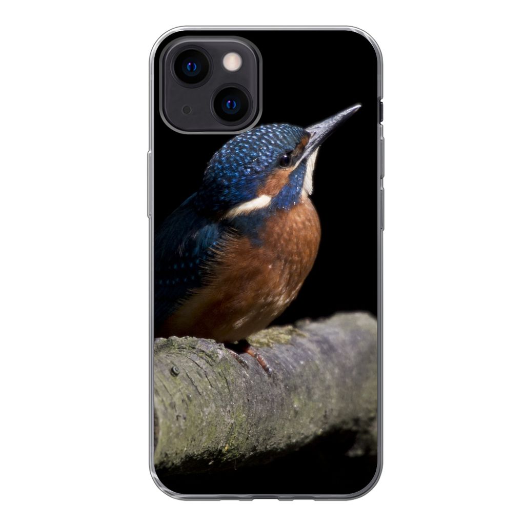 MuchoWow Handyhülle Schutzhülle Hülle für iPhone 13 mini Eisvogel - Zweig - Federn - Schwarz Silikon Softcase Handy Hülle - Softcase