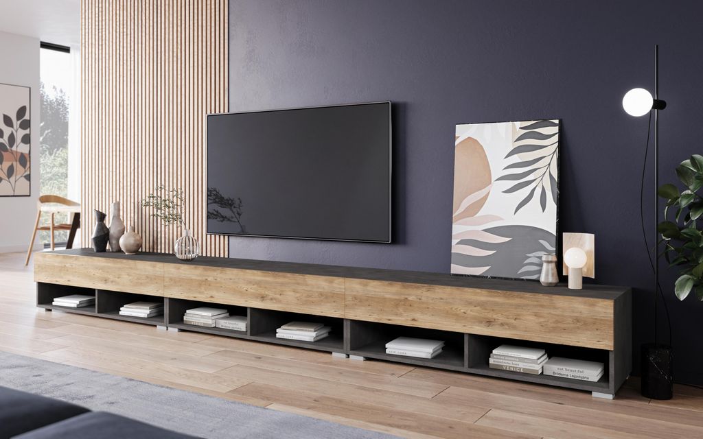 MINIO go for it, TV-Schrank "ANNE", 300cm, mit LED-Beleuchtung, Graphit Matera / Kastanien Breslau Farbe