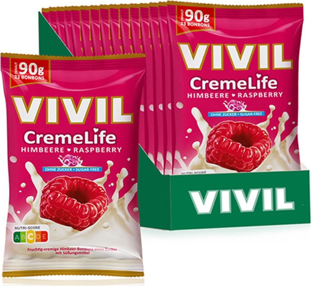 A display of VIVIL CremeLife raspberry flavored sugar-free bonbons.