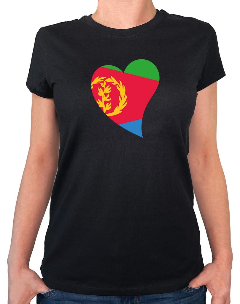 Huuraa Damen T-Shirt Eritrea Flagge Herz L Black Bio Baumwolle Fairtrade Damenshirt Geschenkidee