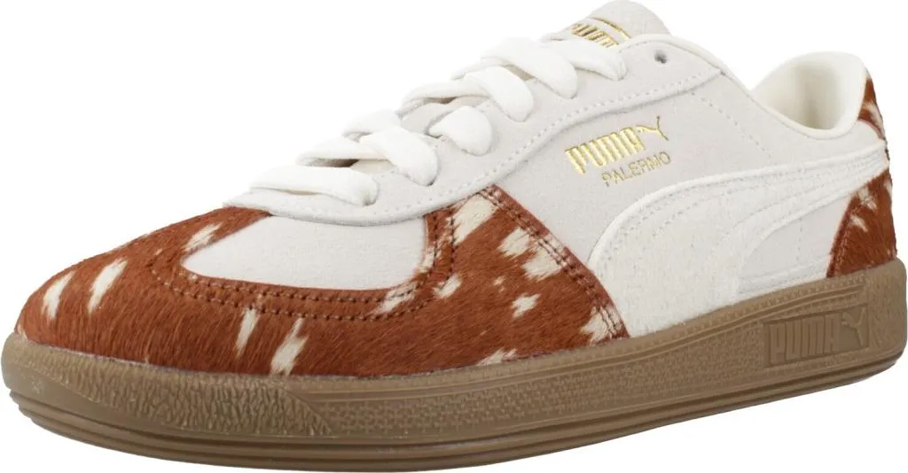 Baskets Basses Puma Palermo Doelette en Cuir Blanc et Détails Jaunes