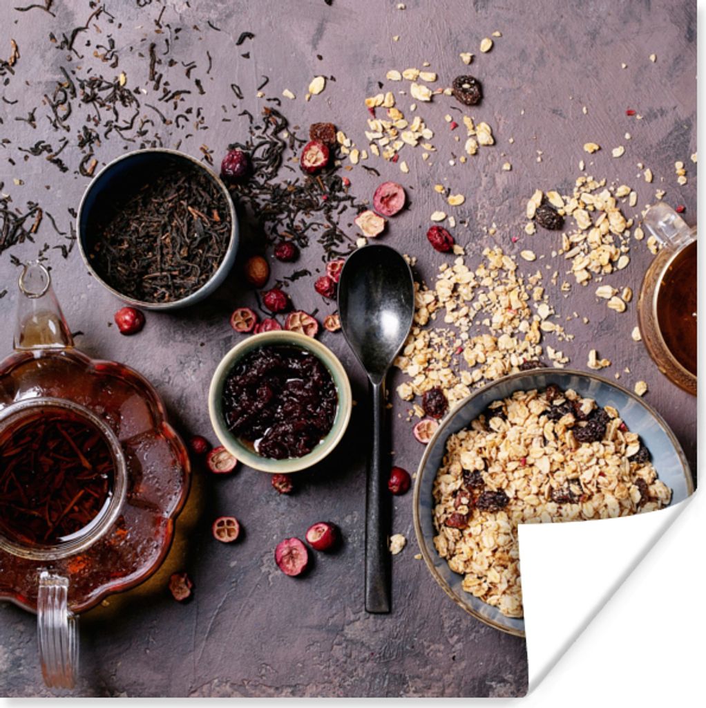 MuchoWow Poster Haferflocken - Getrocknete Früchte - Gewürze - Industriell 75x75 cm - Wand Dekoration