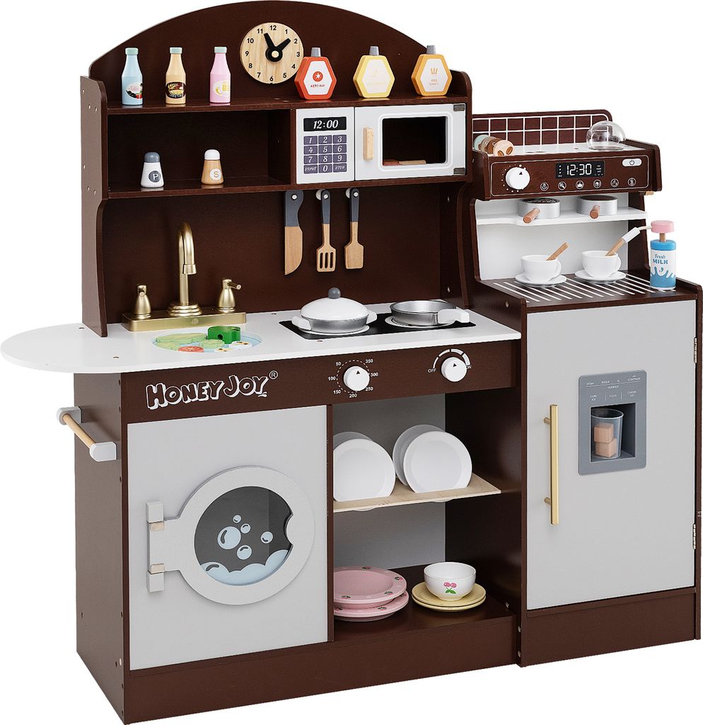 COSTWAY Kinderküche Spielküche Spielzeugküche mit 27 Zubehör, Mikrowelle Spüle Eis- & Kaffee- & Waschmaschine Geschirrständer für Kinder 2+ ...