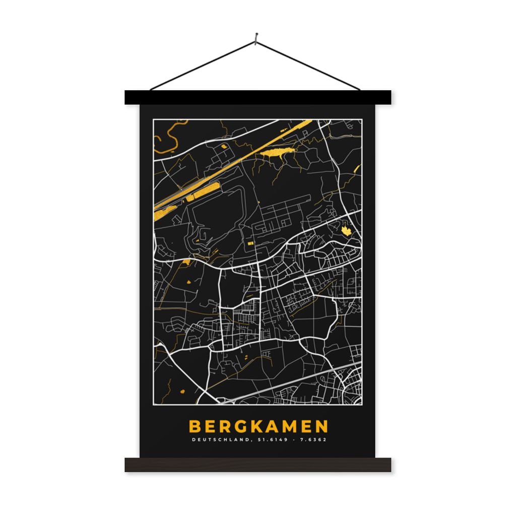 MuchoWow Textilposter Stadtplan - Karte - Bergkamen - Gold - Deutschland - Karte 120x180 cm mit schwarzem Rahmen - Fotos
