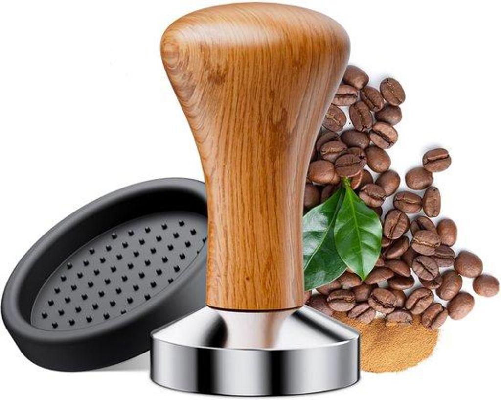 Espresso-Tamper mit massivem Holz-Handgriff, hochwertiger Metall-Ausführung, siliconen Pad, 51mm, für Kaffee-Liebhaber, Cafés, Küche, Büro