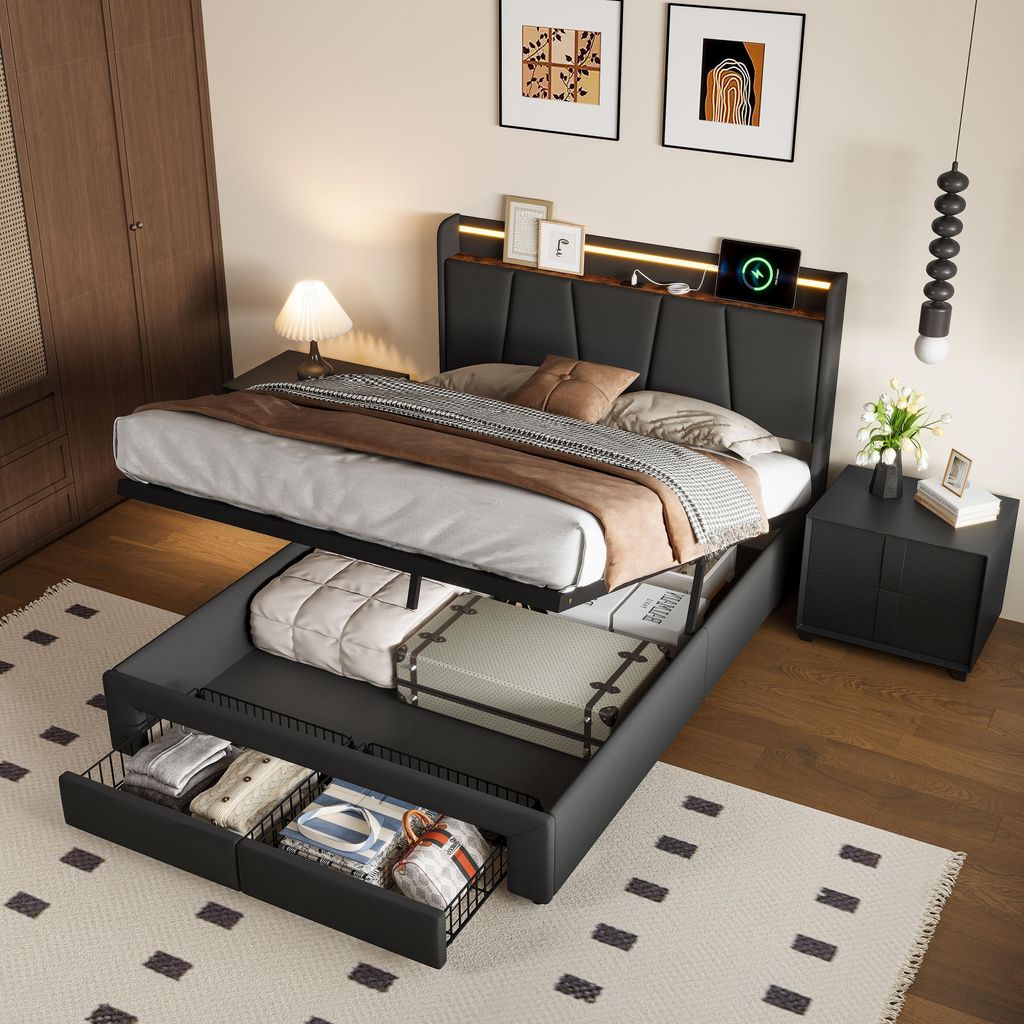 Fortuna Lai Polsterbett 140×200 cm Grau Leinen – Bett mit LED-Beleuchtung, USB & Type-C Ladeanschluss, Hydraulischem Bettkasten & 2 Schubladen, ...