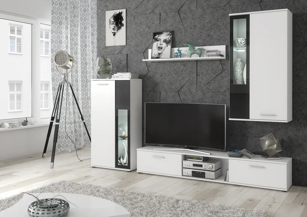 Ensemble meuble TV complet MAJA blanc et noir pour salon contemporain