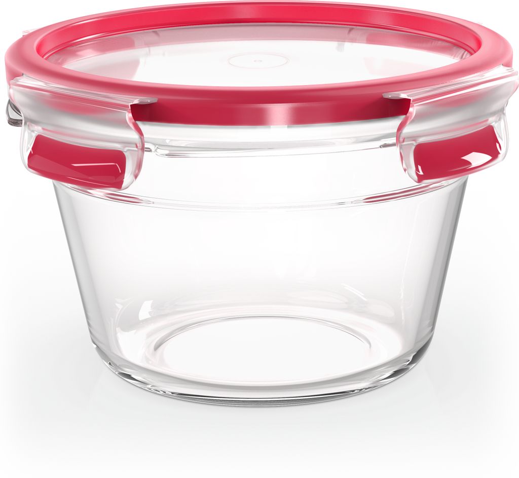 A clear glass food storage container with a red lid and clips, presented on a white background.