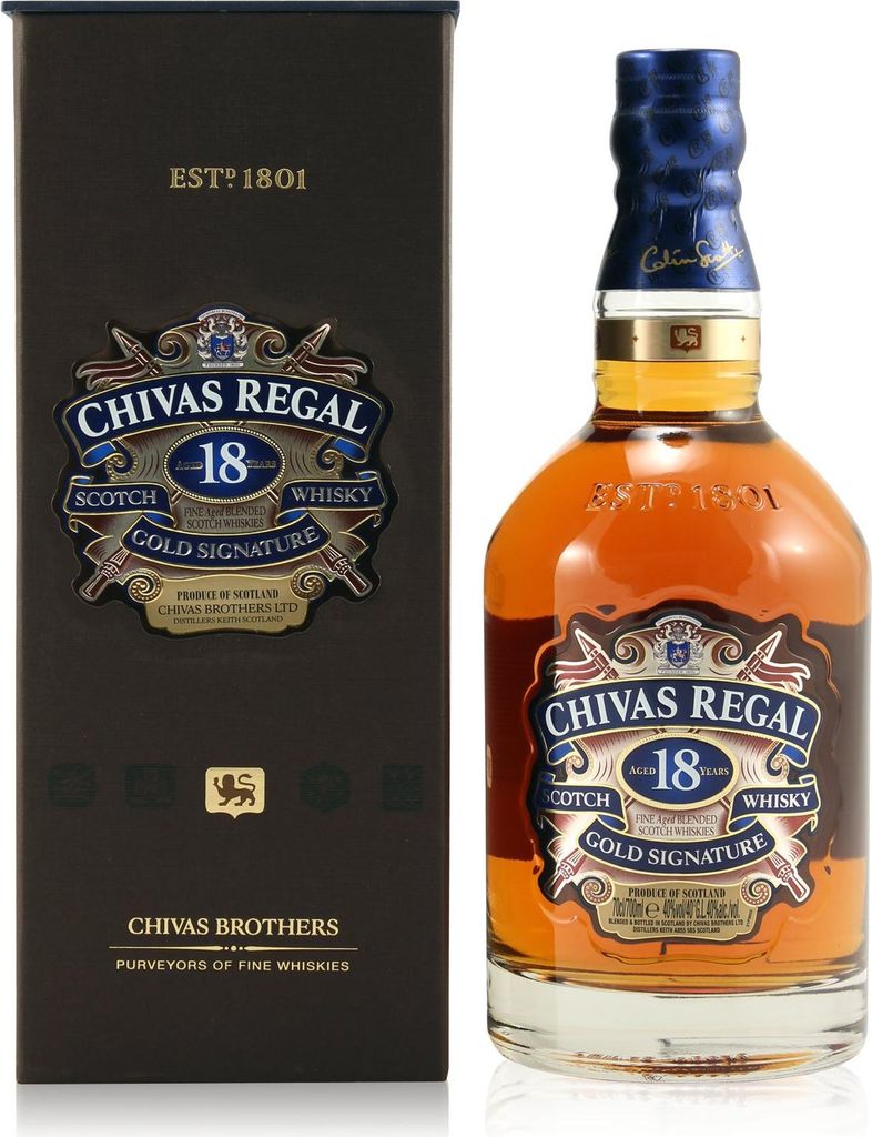 A bottle of Chivas Regal 18 Year Old Gold Signature Scotch Whisky and its gift box are displayed against a white background.