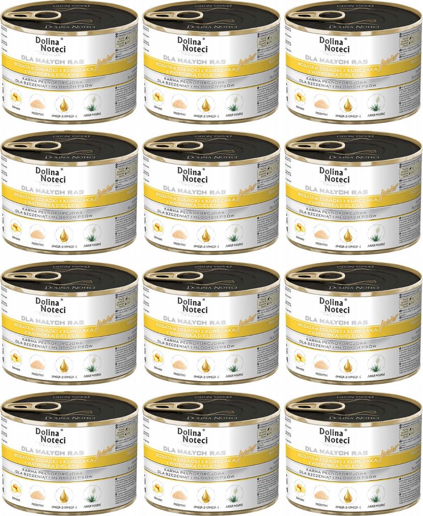 Dolina Noteci Junior Glutenfrei Premium Nassfutter für Kleine Hunde Reich an Hühnermägen mit Kalbsleber 185g (12-er pack)